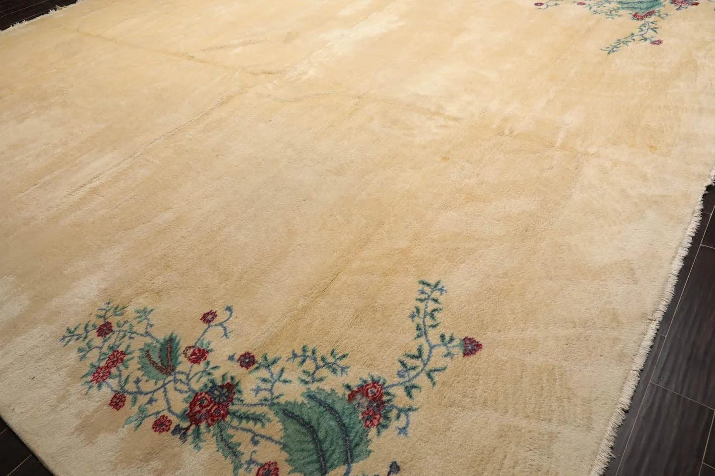 13'4''x16'2'' Hand Knotted 100% Wool Art Deco Traditional Oriental Area Rug Ivory, Turquoise Color