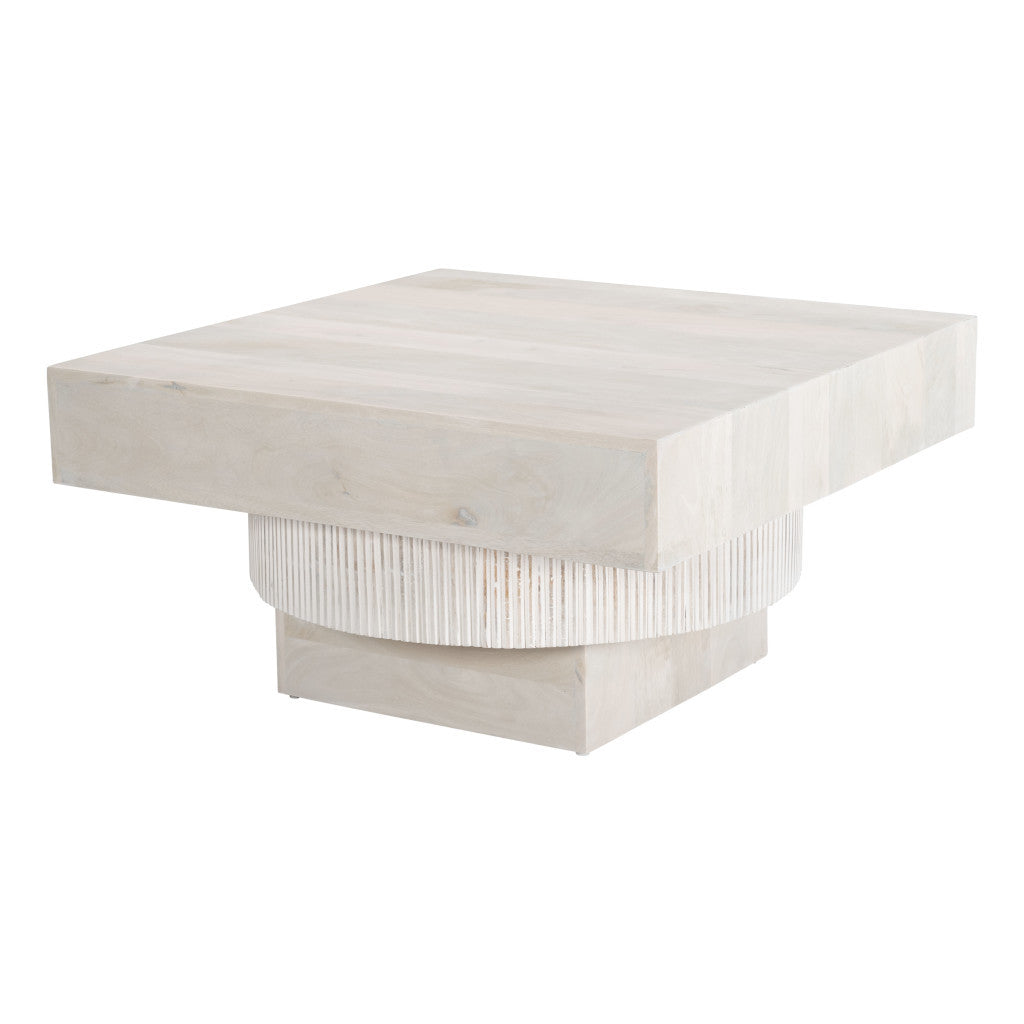 36" Natural White Solid Wood Square Geo Pedestal Coffee Table-1