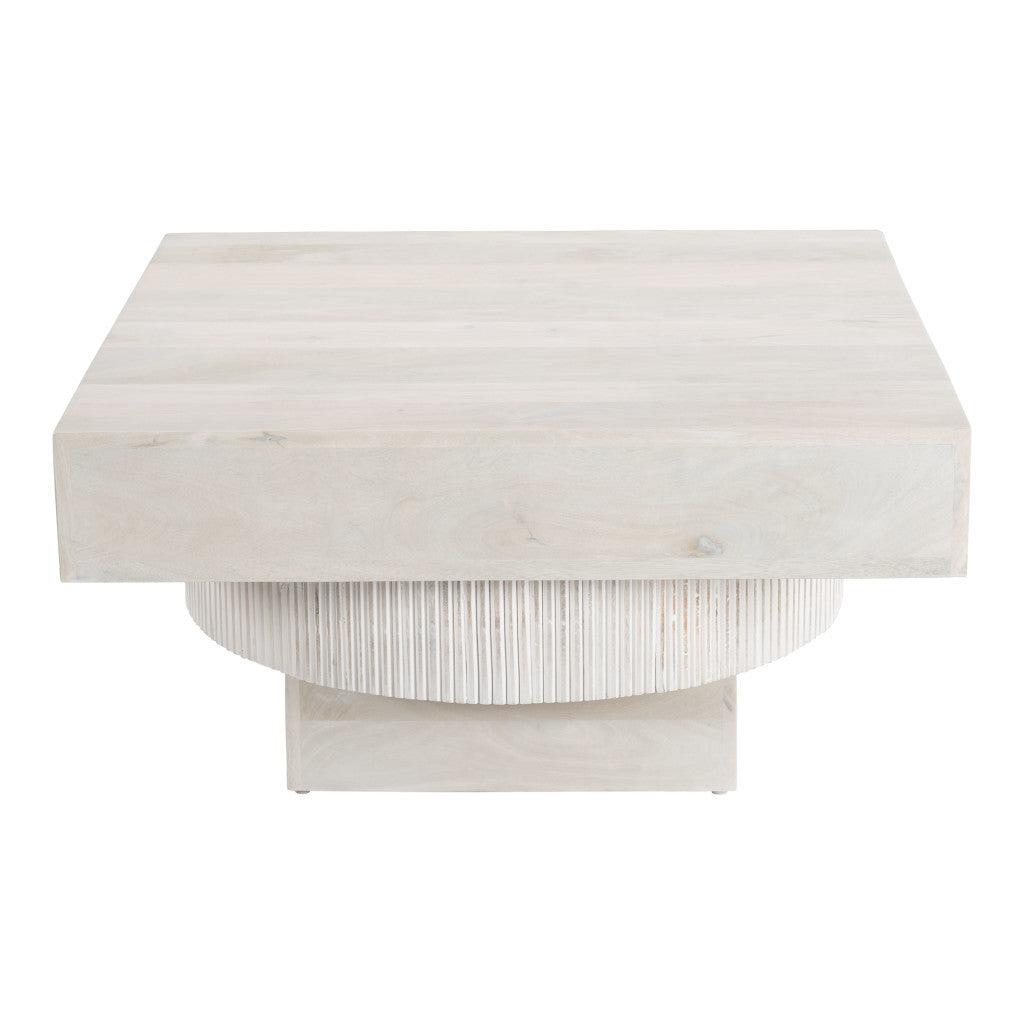 36" Natural White Solid Wood Square Geo Pedestal Coffee Table-3