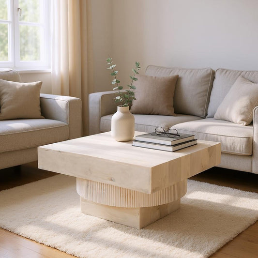 36" Natural White Solid Wood Square Geo Pedestal Coffee Table-0