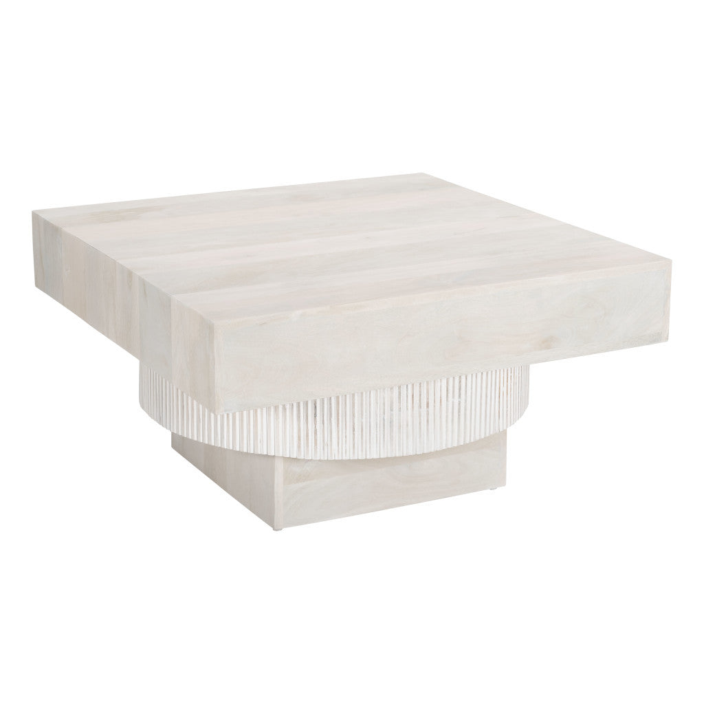 36" Natural White Solid Wood Square Geo Pedestal Coffee Table-2