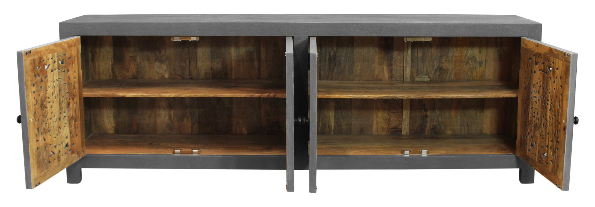 86" Dark Gray Carved Floral Distressed Solid Wood Enclosed Storage TV Stand-7