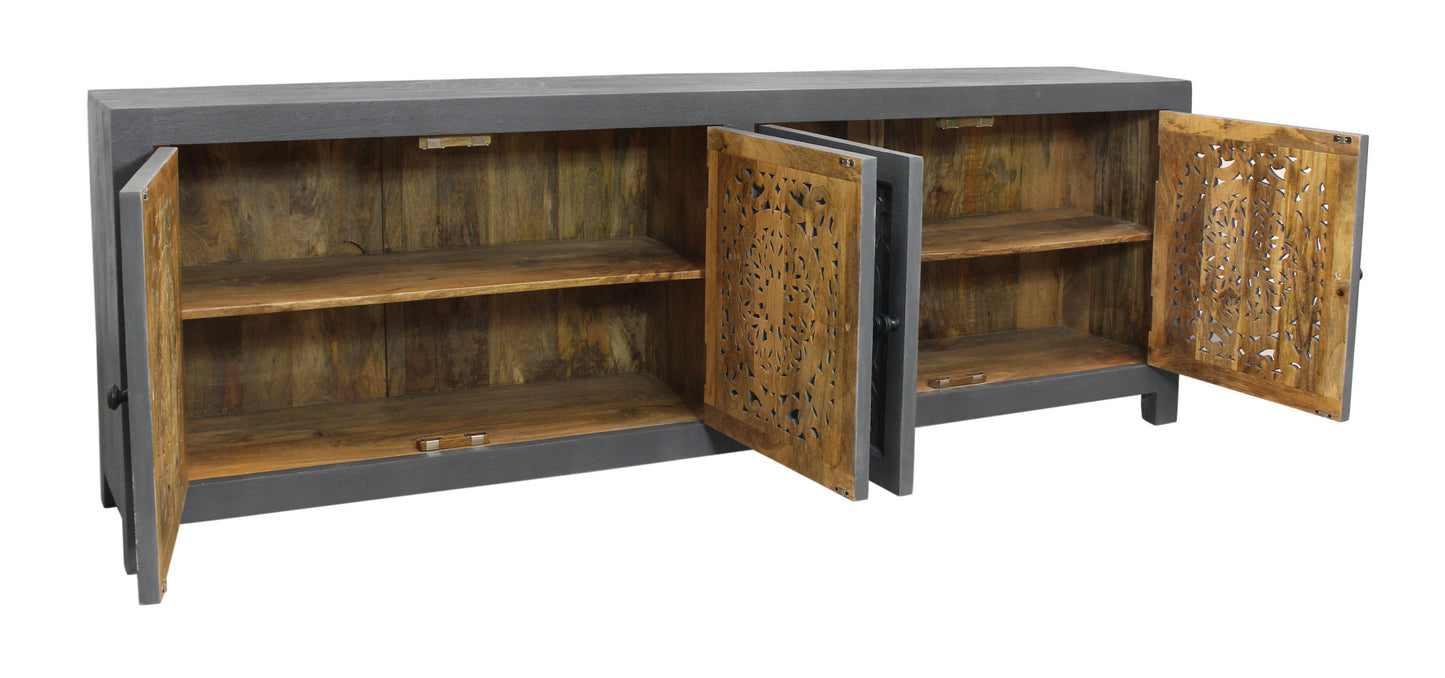 86" Dark Gray Carved Floral Distressed Solid Wood Enclosed Storage TV Stand-8