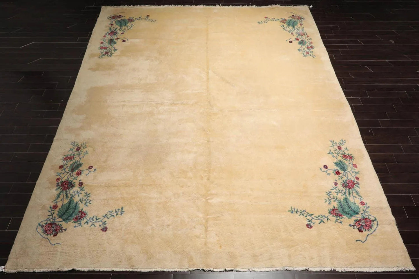 13'4''x16'2'' Hand Knotted 100% Wool Art Deco Traditional Oriental Area Rug Ivory, Turquoise Color