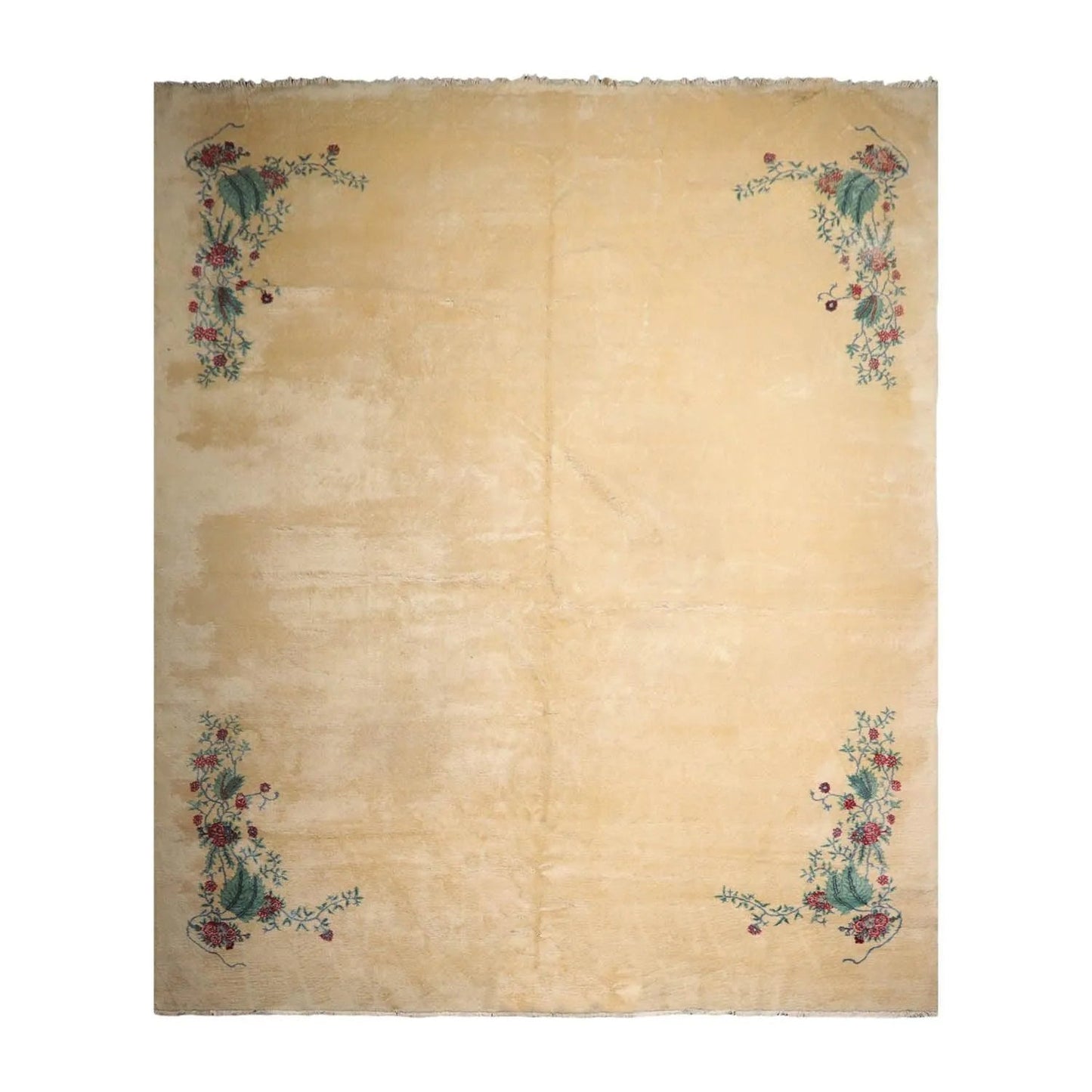 13'4''x16'2'' Hand Knotted 100% Wool Art Deco Traditional Oriental Area Rug Ivory, Turquoise Color