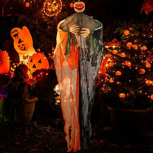 6 Feet Hanging Pumpkin Ghost with Red Glowing Eyes and Bendable Arms