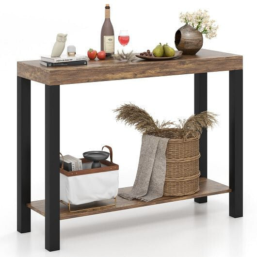 2-Tier Home Bar Table with Open Shelves and Storage for Home Kitchen Living Room Pub-Rustic Brown